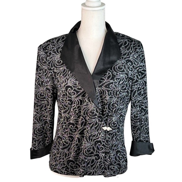 Tradition Women's Top Black Silver Bling Satin Detailing Jacket Size 12 Vintage - Picture 1 of 8